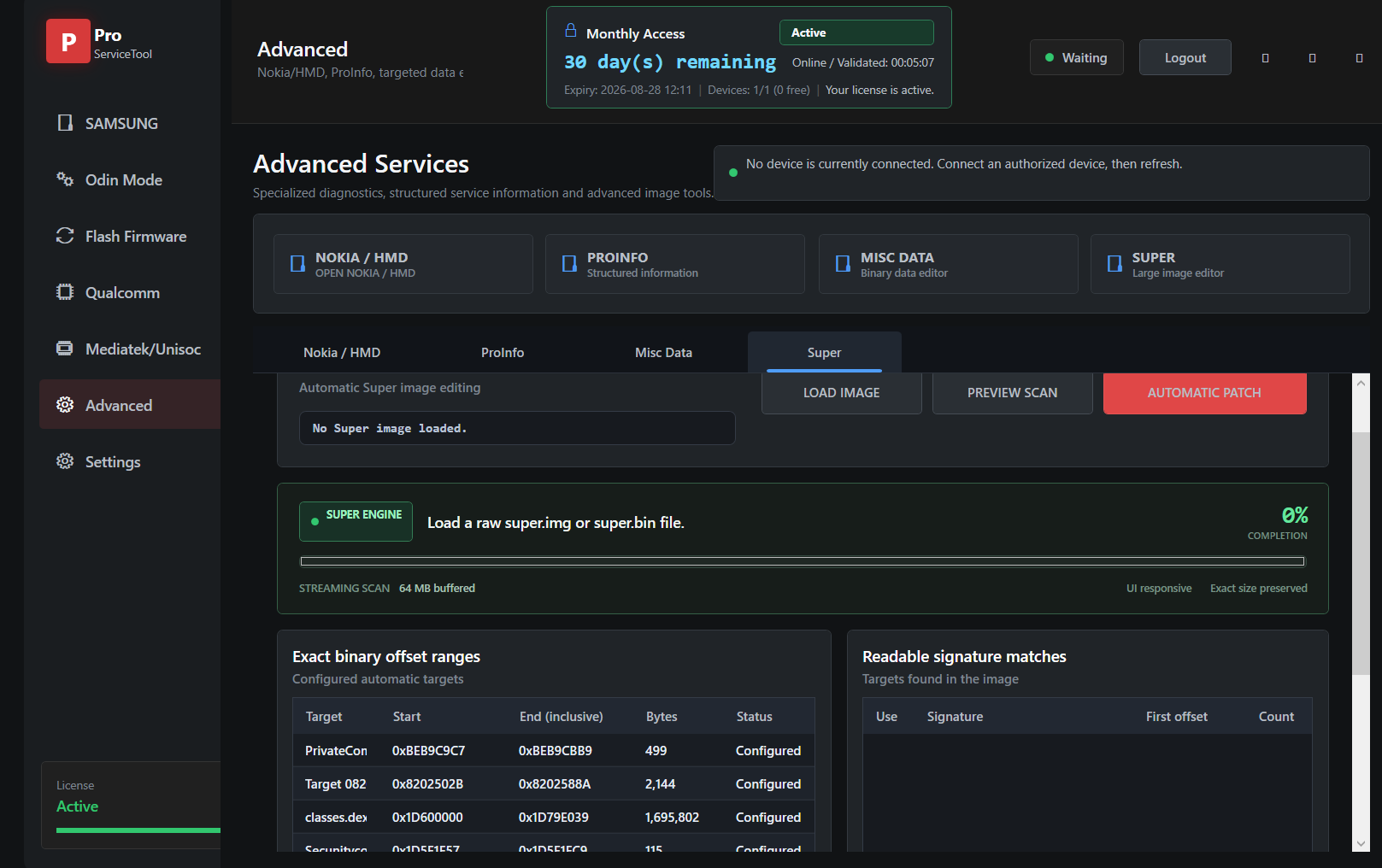 ProServiceTool Advanced Services workspace showing Nokia HMD, ProInfo, Misc Data and Super image tools
